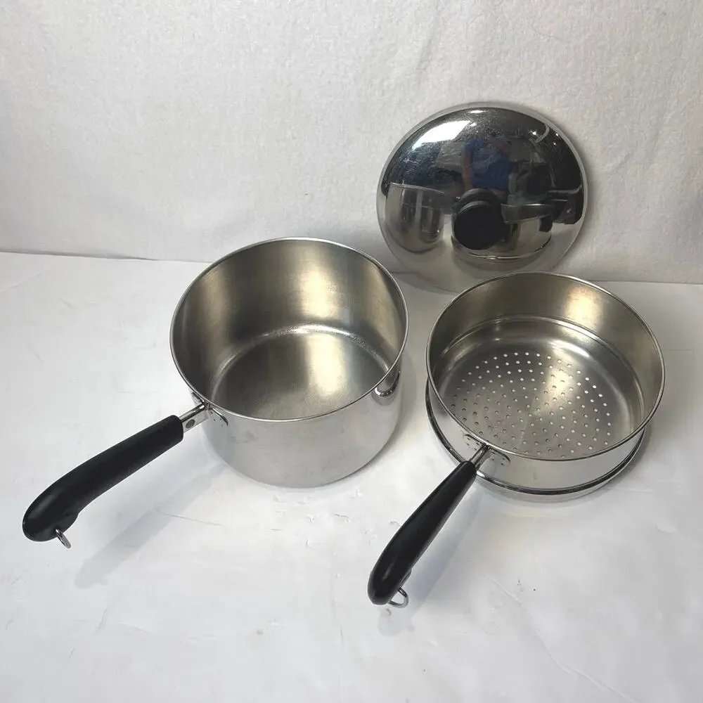 Vintage Revere Ware 3 Qt Saucepan w Double Boiler Insert Tri-Ply Disc Bottom